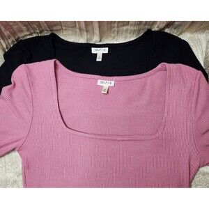 Set of 2 Self-E Ribbed Bodysuits Small Pink Black Square Neck Long Sleeve Snap